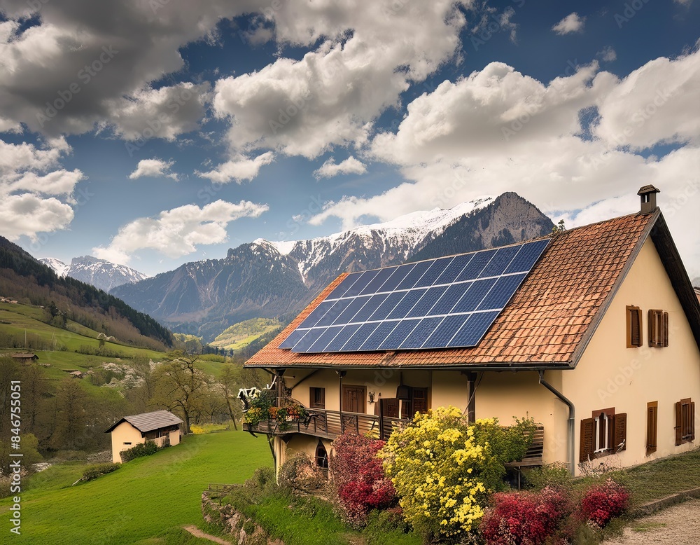 a house in a rural settlement equipped with solar panels to produce environmentally friendly electricity or renewable energy in the future a house in a rural settlement equipped with solar panels to produce environmentally friendly electricity or renewable energy in the future