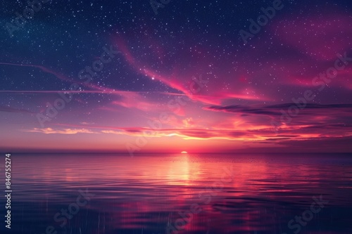 A beautiful sunset over the ocean with a pink and purple sky