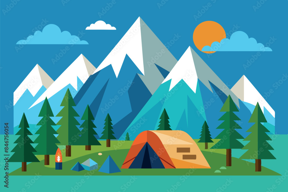 landscape in the style of flat design. You can see snowy mountains in the background, with the sun partially visible in the upper left corner. In the foreground is a camp landscape: tent tent landscape in the style of flat design. You can see snowy mountains in the background, with the sun partially visible in the upper left corner. In the foreground is a camp landscape: tent tent