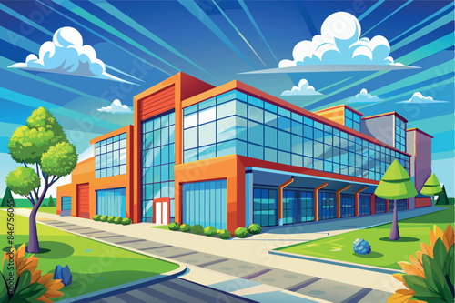 a modern building that is possibly an office or educational institution. The building has large glass windows and an asymmetrical design with varying heights and rectangular shapes.