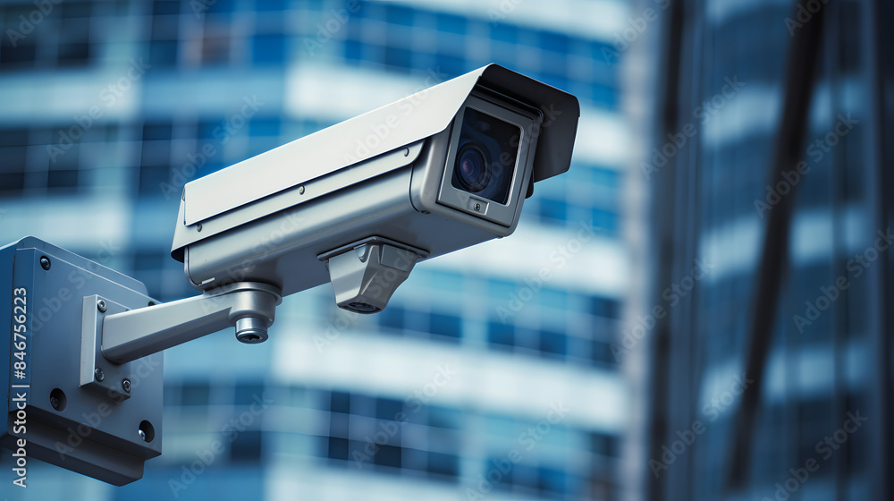 CCTV security camera in a city with business building on background CCTV security camera in a city with business building on background