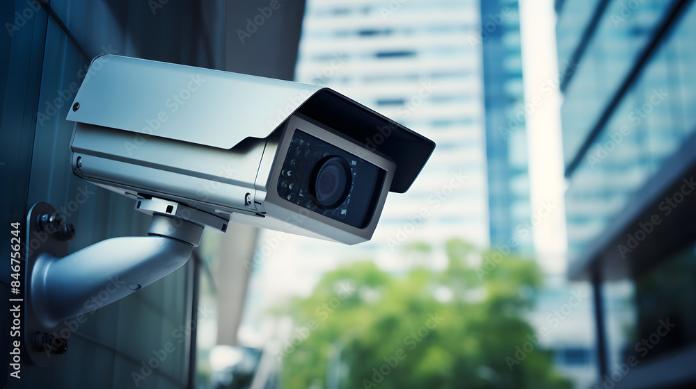 CCTV security camera in a city with business building on background CCTV security camera in a city with business building on background