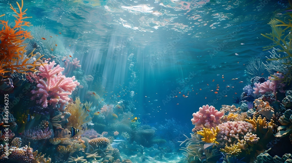 Fototapeta premium Beautiful underwater scenery with various types of fish and coral reefs Generative AI