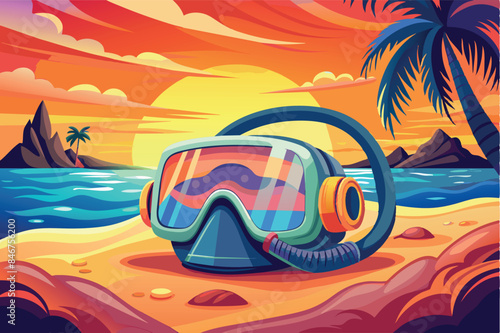 is a diving mask with prominent goggles, a thought of recreational pursuits or exploration. Silhouettes of land forms such as mountains or hills and some vegetation can be seen in the background.