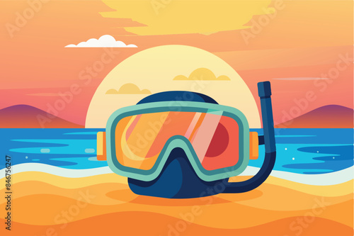 is a diving mask with prominent goggles, a thought of recreational pursuits or exploration. Silhouettes of land forms such as mountains or hills and some vegetation can be seen in the background.