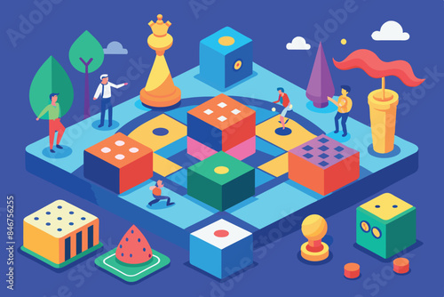 A board game theme with a futuristic cityscape. It depicts various buildings resembling game pieces. The field has several paths with colorful tiles and patterns.