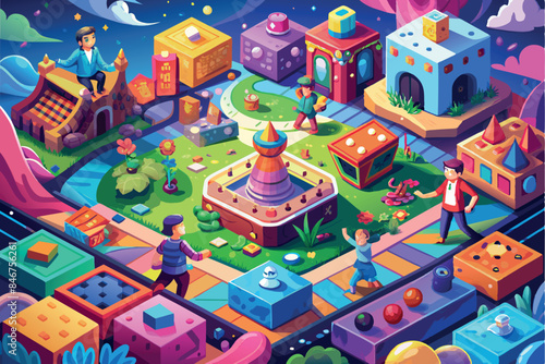 A board game theme with a futuristic cityscape. It depicts various buildings resembling game pieces. The field has several paths with colorful tiles and patterns.