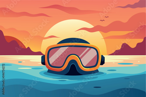 is a diving mask with prominent goggles, a thought of recreational pursuits or exploration. Silhouettes of land forms such as mountains or hills and some vegetation can be seen in the background.