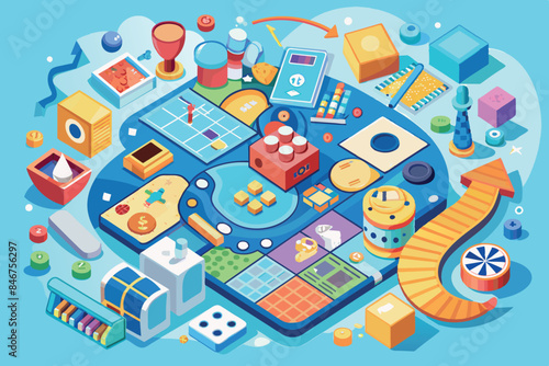 various board games and gaming elements. In the center of the image is a smartphone with game icons on its screen, which hints at mobile gaming.