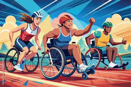 athletes competing in wheelchairs. They are chasing each other on a track. The background is bright and dynamic, which emphasizes movement and speed.