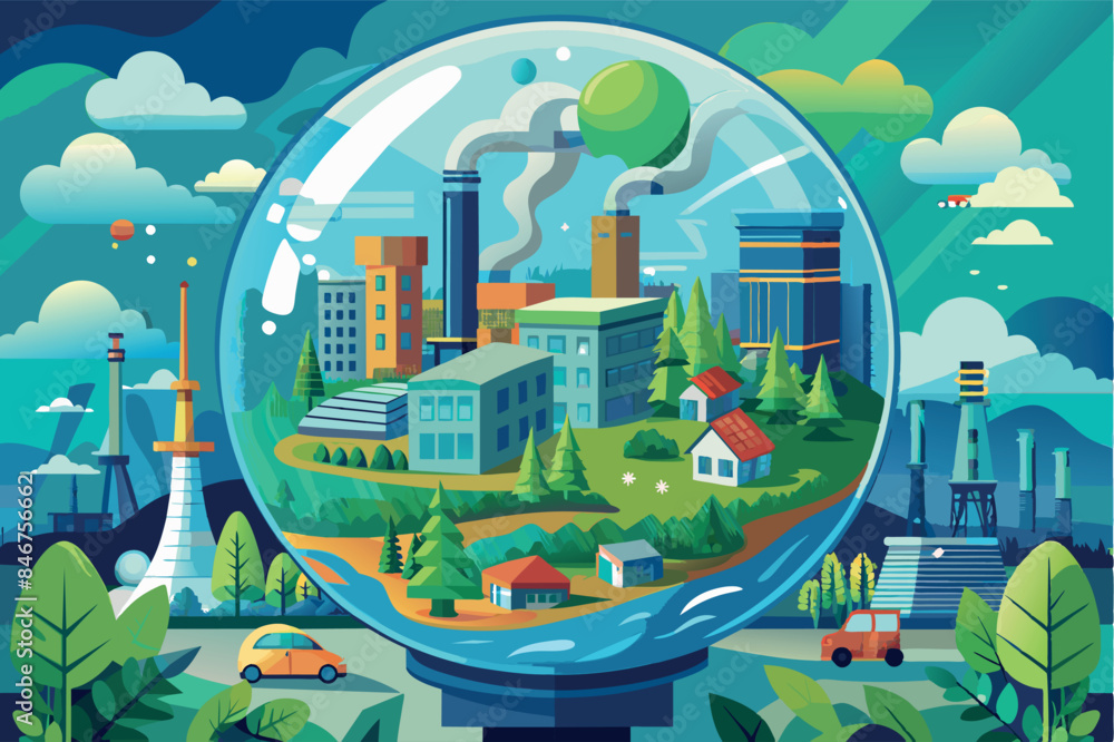 Naklejka premium the contrast between renewable energy and environmental protection on the one hand and industrialization and its impact on nature on the other.