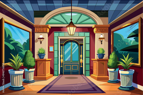 A grand hotel lobby with open double doors leading to a balcony. The floor is decorated with red and blue stripes and the walls are adorned with two large windows on either side of it