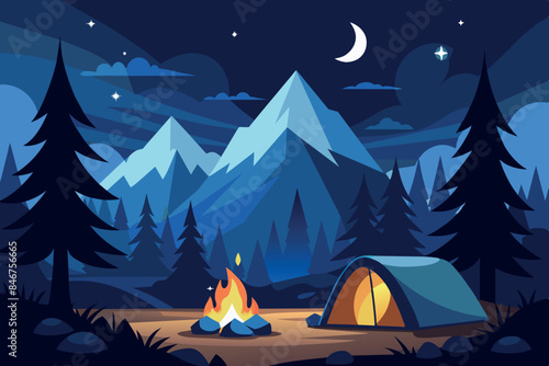 colorful camp landscape at night. In the center is a tent with a campfire in front of it. The background consists of majestic mountains under a starry sky with a full moon and floating clouds.