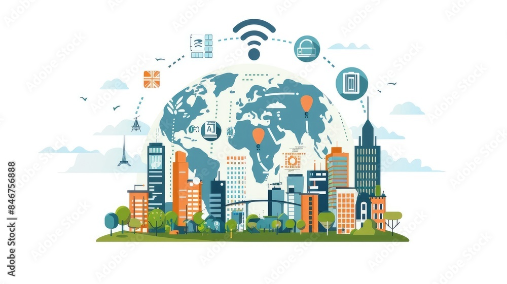 Fototapeta premium international communication , word, city, fiber network, wifi, digital, network