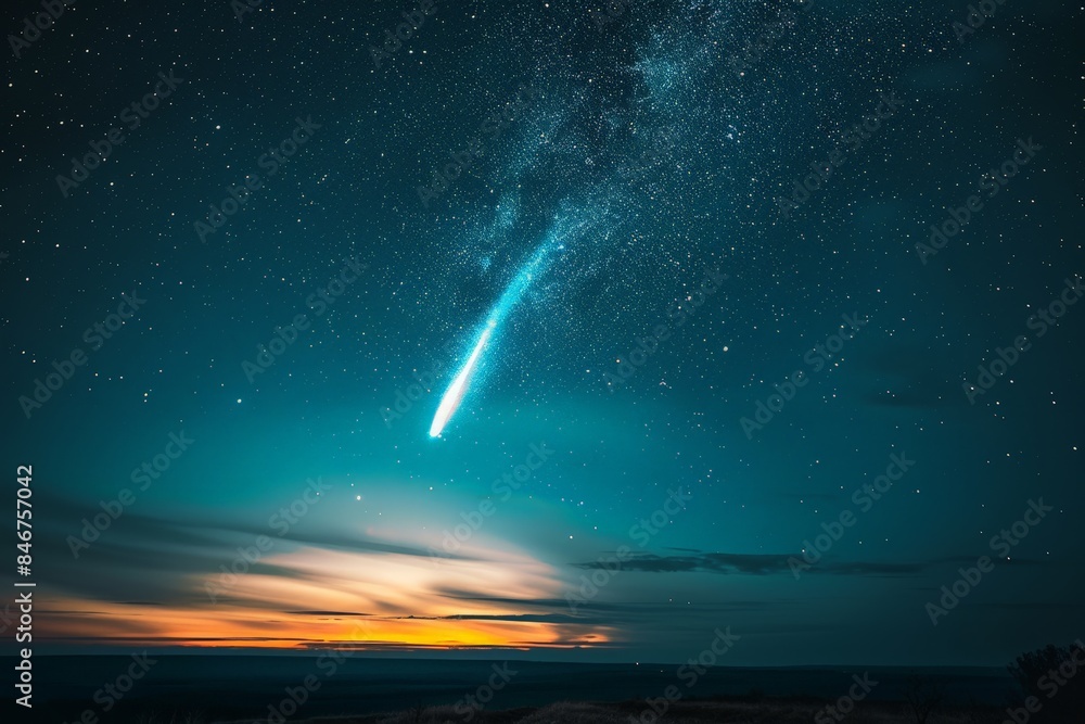 A cosmic shooting star streaking across the sky, with a stunning sunset as its backdrop. A cosmic shooting star streaking across the sky, with a stunning sunset as its backdrop.