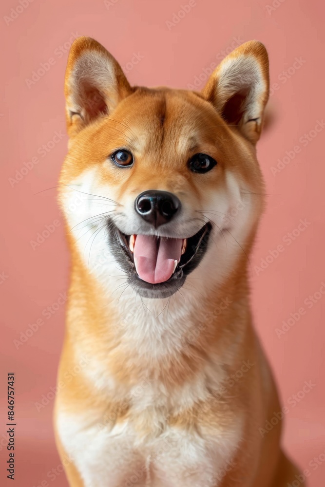 Cheerful shiba inu dog on soft pastel background with spacious area for text placement Cheerful shiba inu dog on soft pastel background with spacious area for text placement