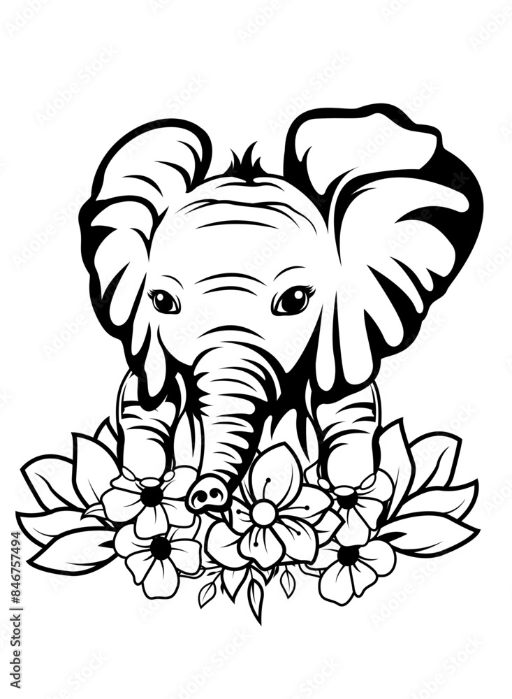 Obraz premium Cute Floral Elephant | Elephant | Floral Mammal | Jungle Life | Elephant with Flowers | Floral Animal | Zoo Animal | Original Illustration | Vector and Clipart | Cutfifle and Stencil