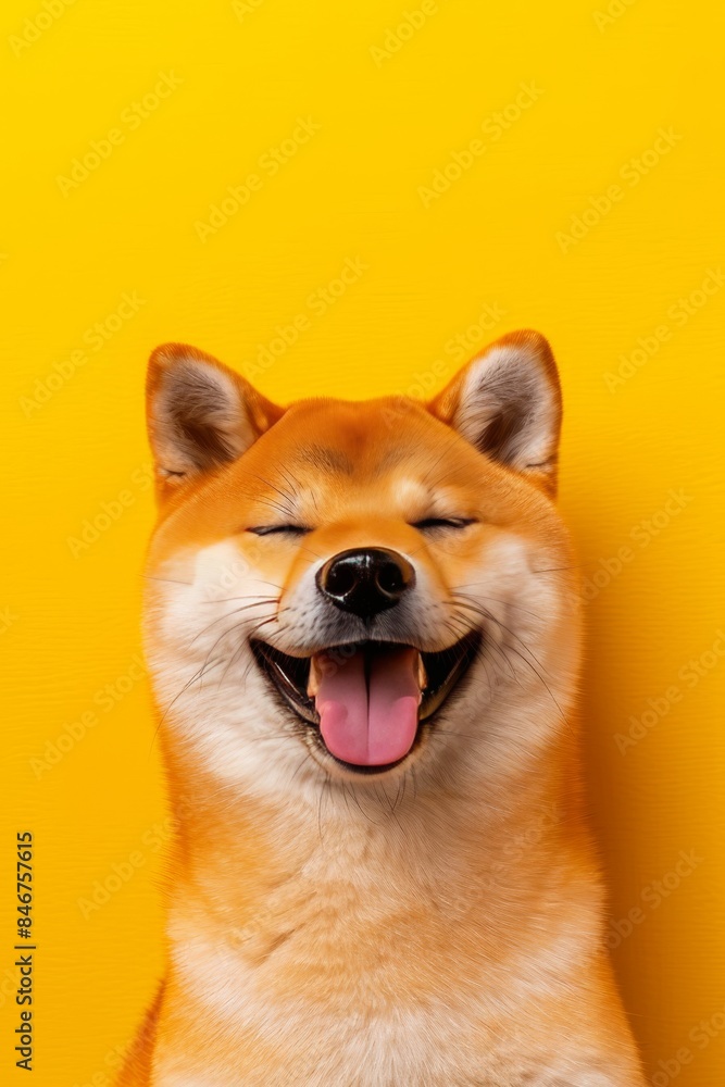 Cheerful shiba inu dog smiling happily on soft colored background with room for text Cheerful shiba inu dog smiling happily on soft colored background with room for text