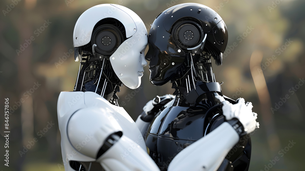 Fototapeta premium Together, a white ai robot facing a black ai robot, realistic, holding each other
