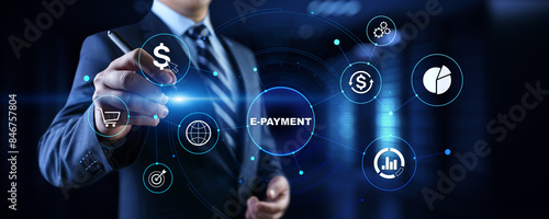 E-payment digital money online banking. Businessman pressing button on screen.