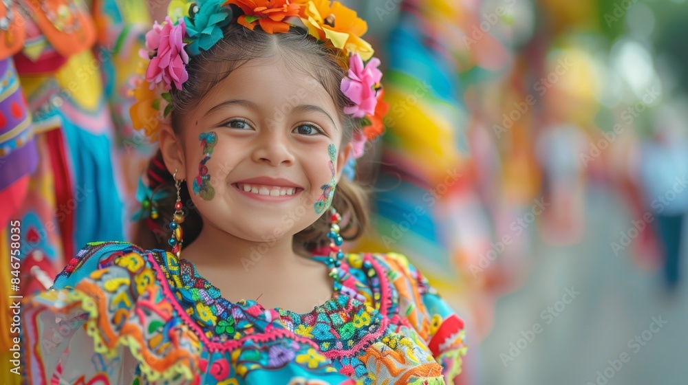 A young girl in a colorful dress smiles brightly on a city street A young girl in a colorful dress smiles brightly on a city street