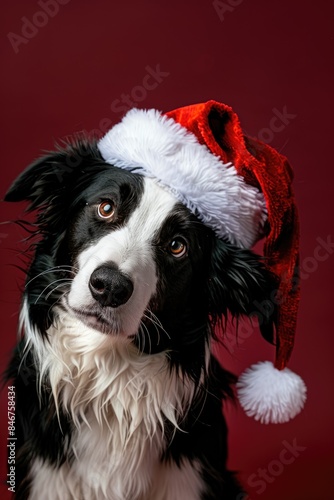 A black and white dog wears a santa hat against a red backdrop