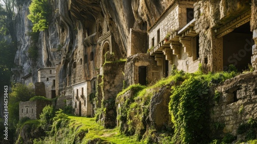 Monastic cells in cliffside monastery Residential area for text or designs © TheWaterMeloonProjec
