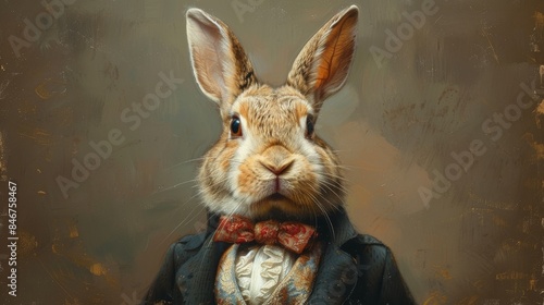 Close-up of a sophisticated anthropomorphic rabbit with a vintage waistcoat and bow tie photo