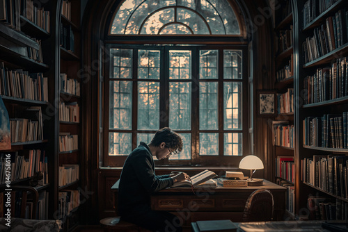 person reading a book in a vintage library