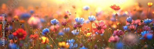 Colorful Field of Flowers with Rays of Sunshine Behind Them