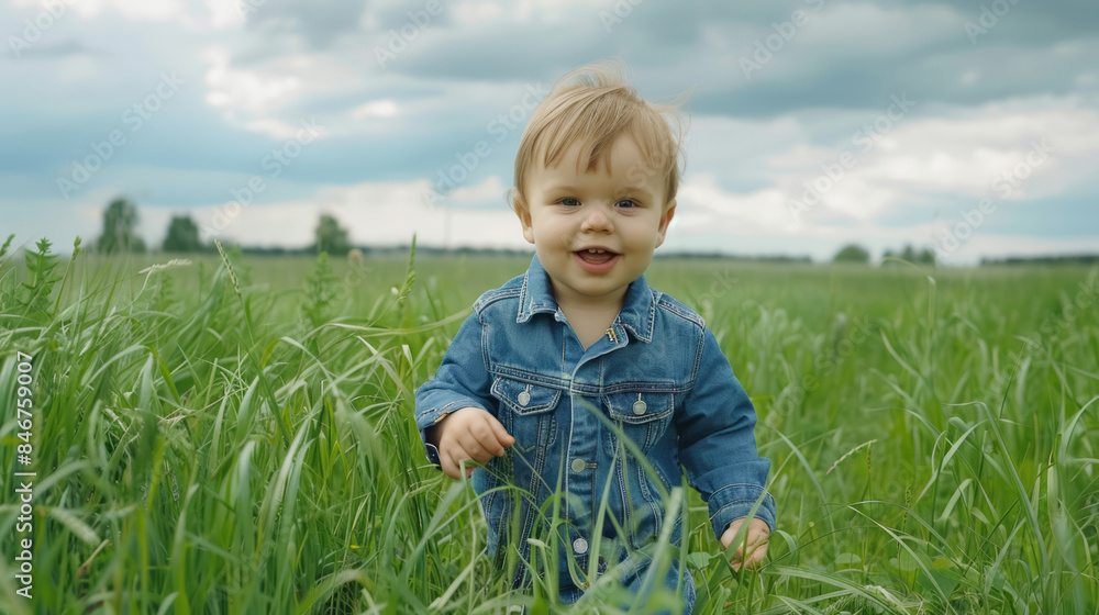 Happy toddler in denim jacket exploring the grassy field Happy toddler in denim jacket exploring the grassy field