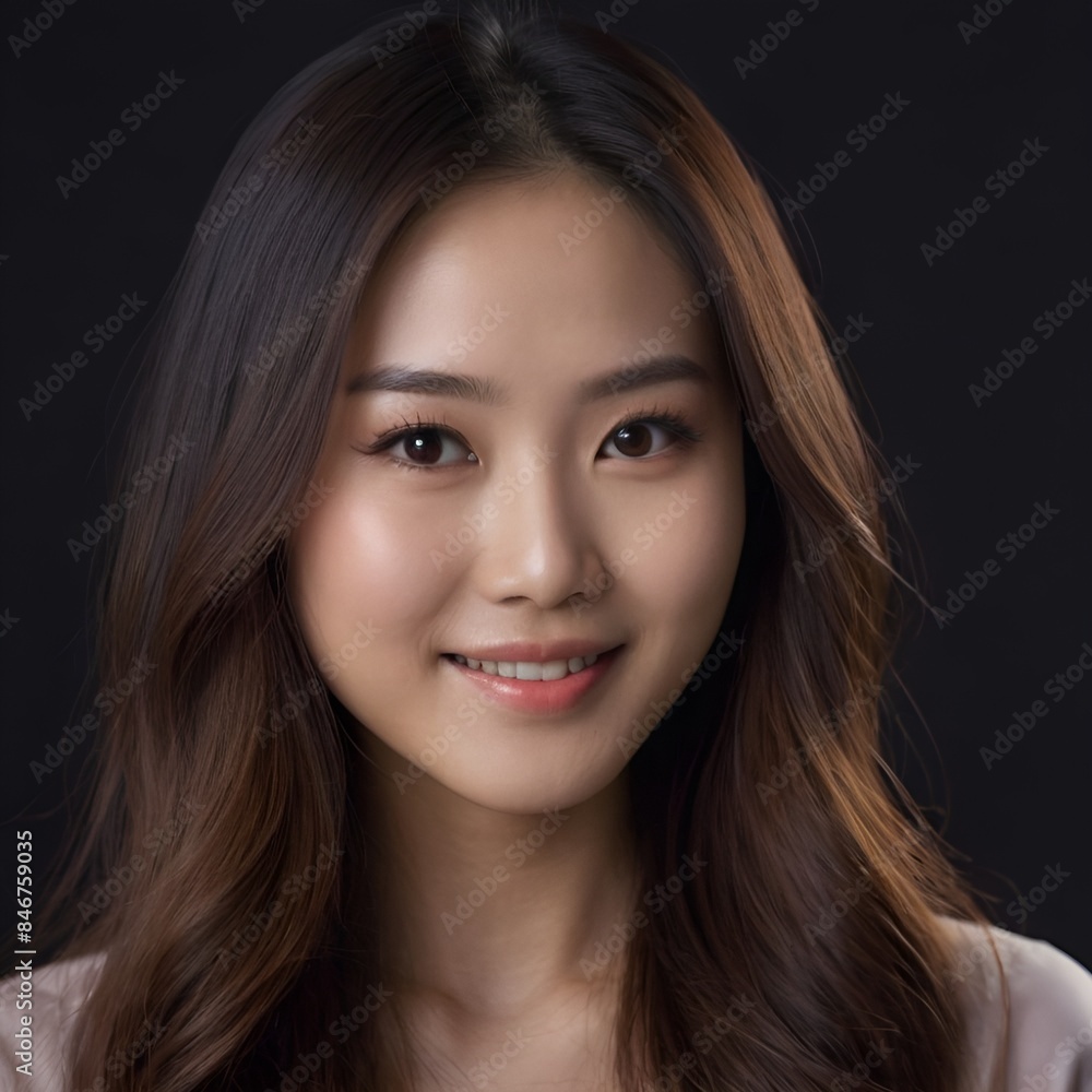 Pretty Asian beauty woman long hair with japanese makeup glowing face and healthy facial skin portrait smile on isolated black background Pretty Asian beauty woman long hair with japanese makeup glowing face and healthy facial skin portrait smile on isolated black background