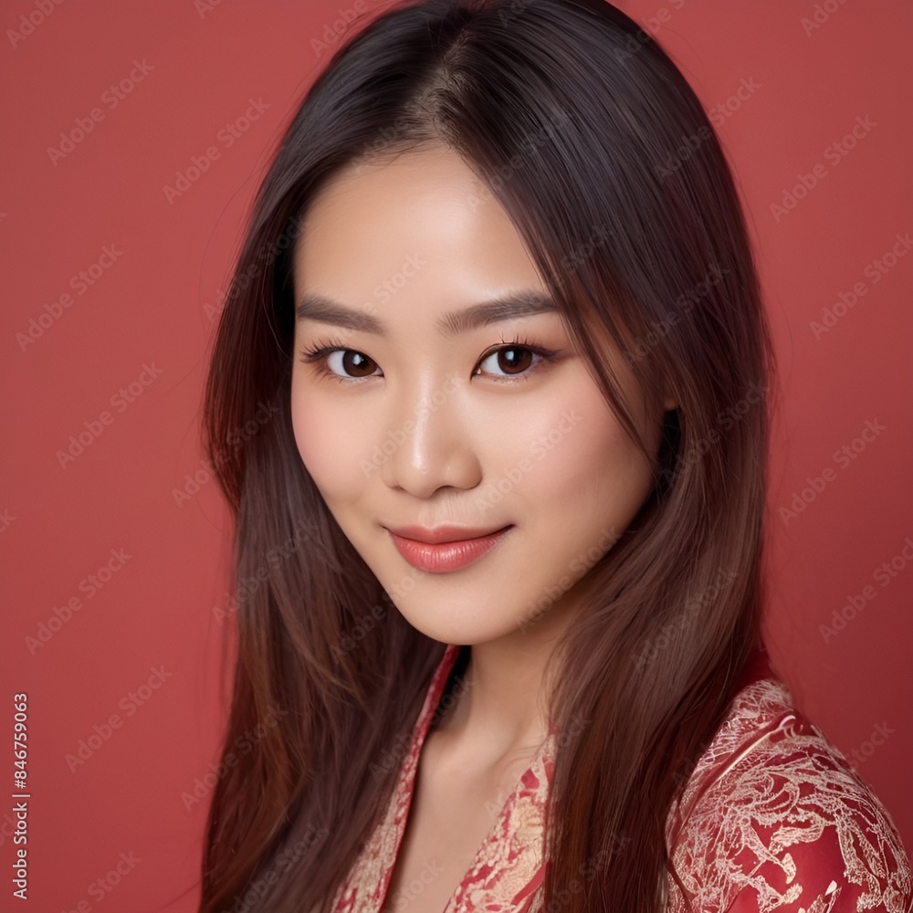 Pretty Asian beauty woman long hair with japanese makeup glowing face and healthy facial skin portrait smile on isolated red background Pretty Asian beauty woman long hair with japanese makeup glowing face and healthy facial skin portrait smile on isolated red background