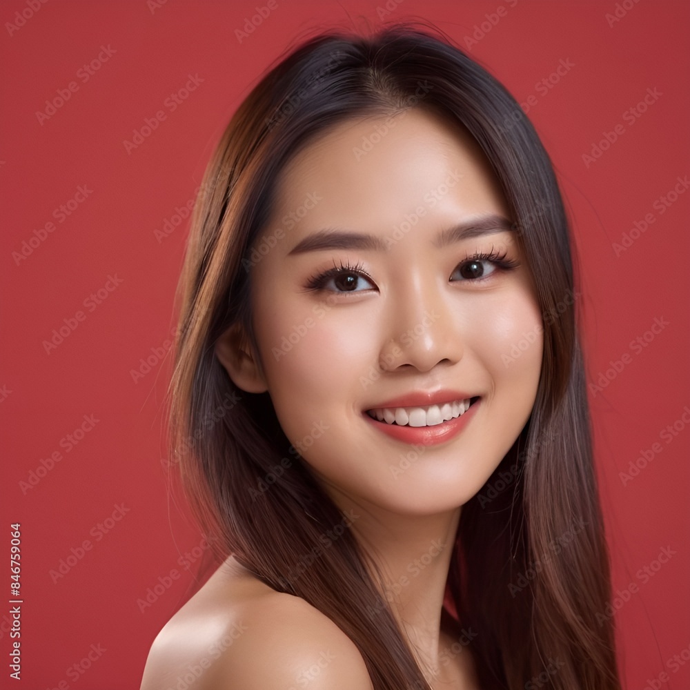 Pretty Asian beauty woman long hair with japanese makeup glowing face and healthy facial skin portrait smile on isolated red background Pretty Asian beauty woman long hair with japanese makeup glowing face and healthy facial skin portrait smile on isolated red background