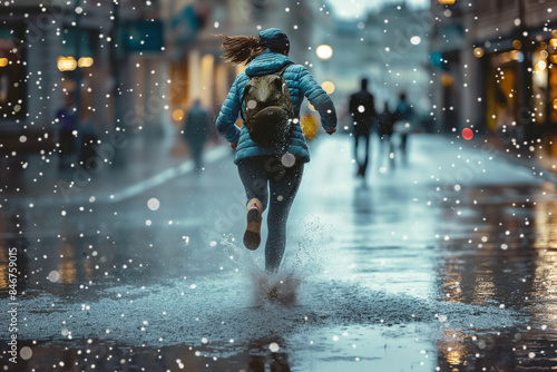 person running through a rainstorm