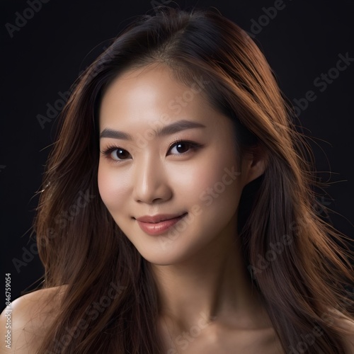 Pretty Asian beauty woman long hair with japanese makeup glowing face and healthy facial skin portrait smile on isolated black background