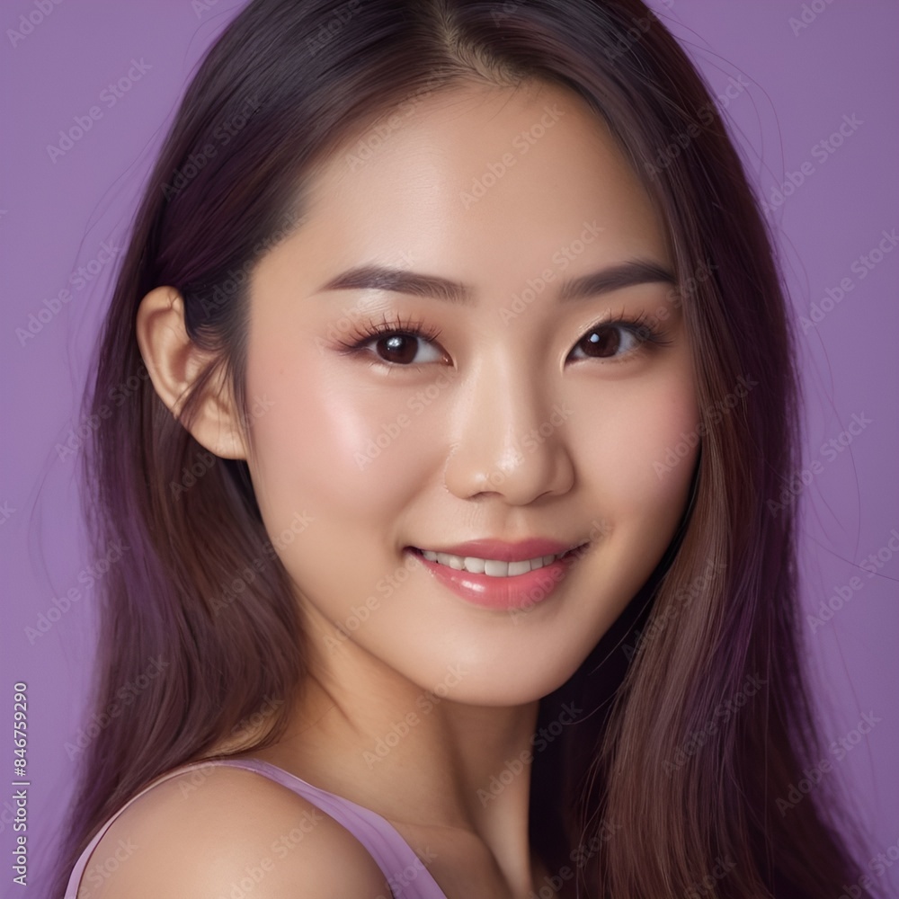Pretty Asian beauty woman long hair with japanese makeup glowing face and healthy facial skin portrait smile on isolated light purple background Pretty Asian beauty woman long hair with japanese makeup glowing face and healthy facial skin portrait smile on isolated light purple background