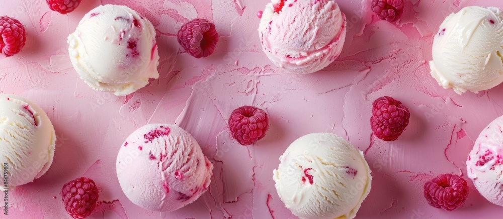 Vanilla and raspberry ice cream balls on a pink background, top-down view. Vanilla and raspberry ice cream balls on a pink background, top-down view.
