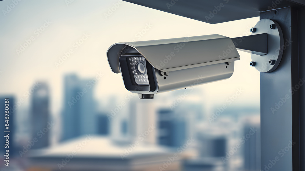 CCTV security camera in a city with business building on background CCTV security camera in a city with business building on background