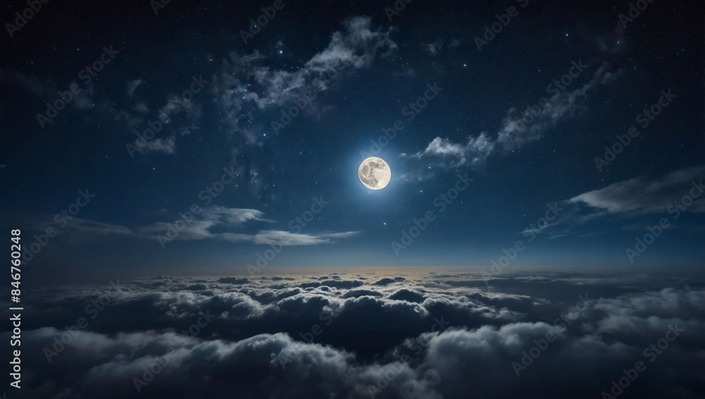 Naklejka premium Enchanting moon in starry night above drifting clouds