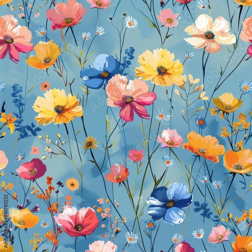 Wallpaper Mural A painting of a field of flowers with a blue sky in the background Torontodigital.ca