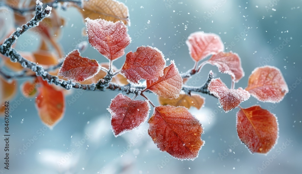 Fotografie Frozen Leaves on a Tree Branch