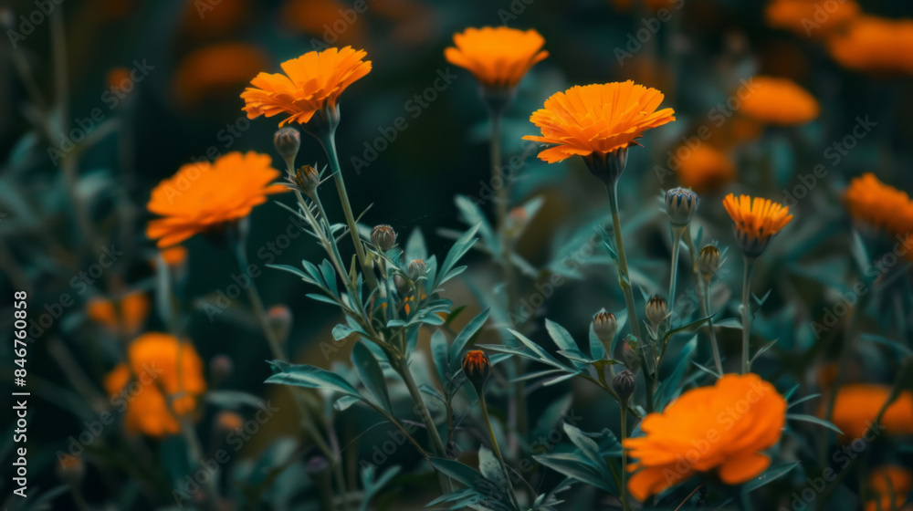 Closeup of bright orange marigold flowers in bloom in a garden Closeup of bright orange marigold flowers in bloom in a garden