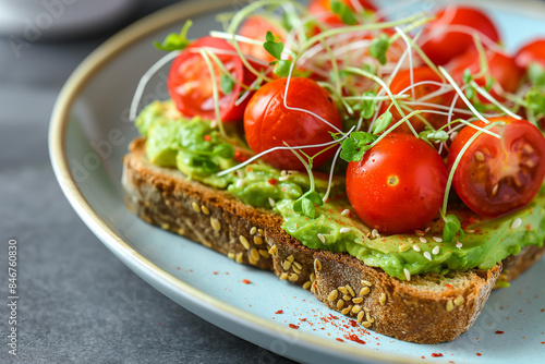 plate of avocado toast with cherry tomatoes and sprouts