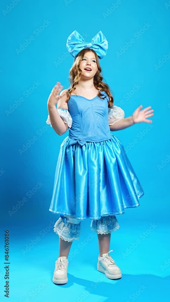 Cute teenage girl in blue doll costume dancing on blue background. Cute teenage girl in blue doll costume dancing on blue background.
