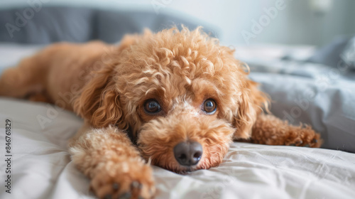 Cute brown poodle dog lying on a cozy bed © standret