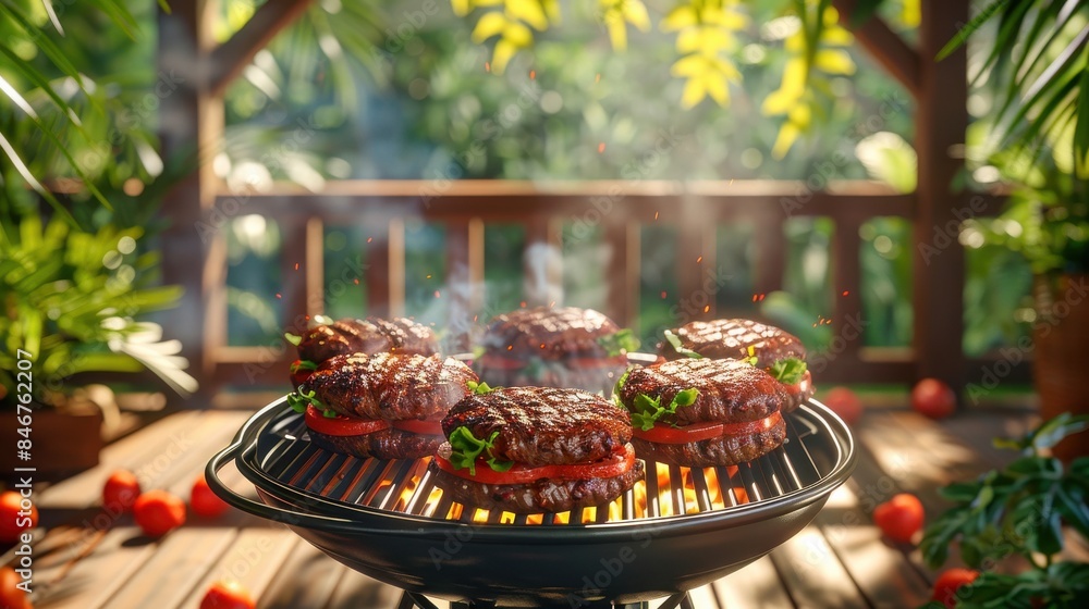 A Beautifully Grilled Steak on a Round Grill in a Lush Green Garden with Plants and Flowers in Full Bloom, Under Bright Sunshine and Singing Birds, Creating a Peaceful and Tranquil Atmosphere A Beautifully Grilled Steak on a Round Grill in a Lush Green Garden with Plants and Flowers in Full Bloom, Under Bright Sunshine and Singing Birds, Creating a Peaceful and Tranquil Atmosphere