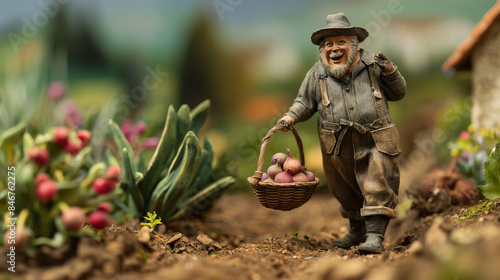 Diorama de um fazendeiro feliz de cebola vermelha trazendo uma cesta de bulbos de cebola photo