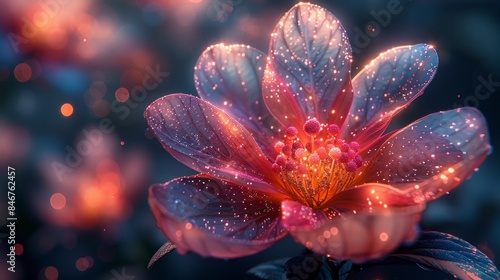A digitally enhanced image showcasing a backlit translucent flower with vivid colors and sparkling effects