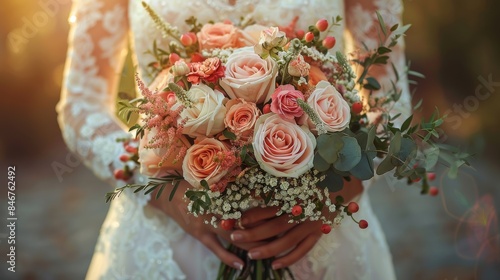 Elegant close-up of a bride's hands holding a wedding bouquet with roses and greenery photo